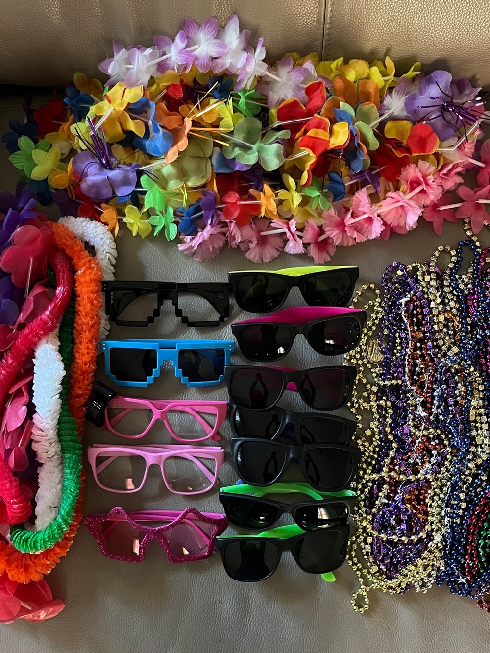 62 pc Party Accessories Variety Bundle 
35 bead necklaces/ 15 leis/12 sunglasses